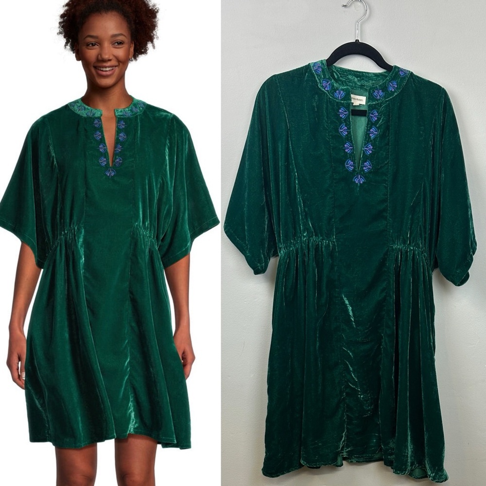 World Market/ Cost Plus Dahlia Green Velvet
Embroidered Midi Kaftan Dress L/XL